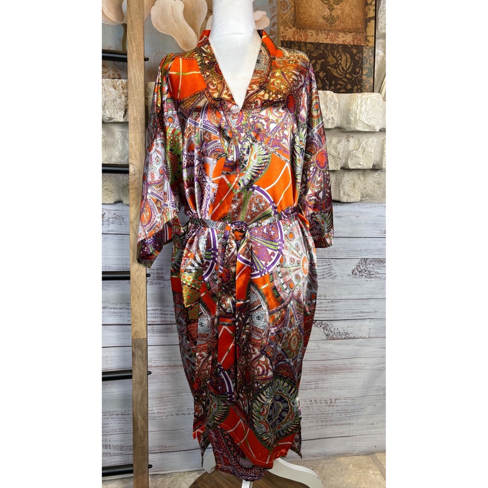 Oriental Village Silk Collection Robe Multi Color Paisley Wrap Kimono One Size